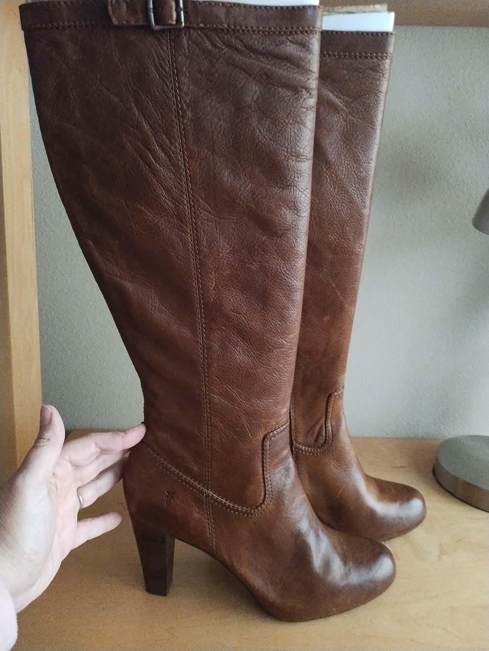 Frye Miranda Zip Leather Knee-High Heeled Boots In Cognac - Picture 6 of 10